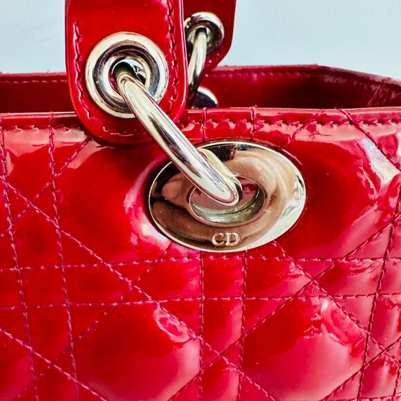 CHRISTIAN DIOR TWO-WAY LADY DIOR PATENT LEATHER TOTE SHOULDER BAG RED - Picture 12 of 16
